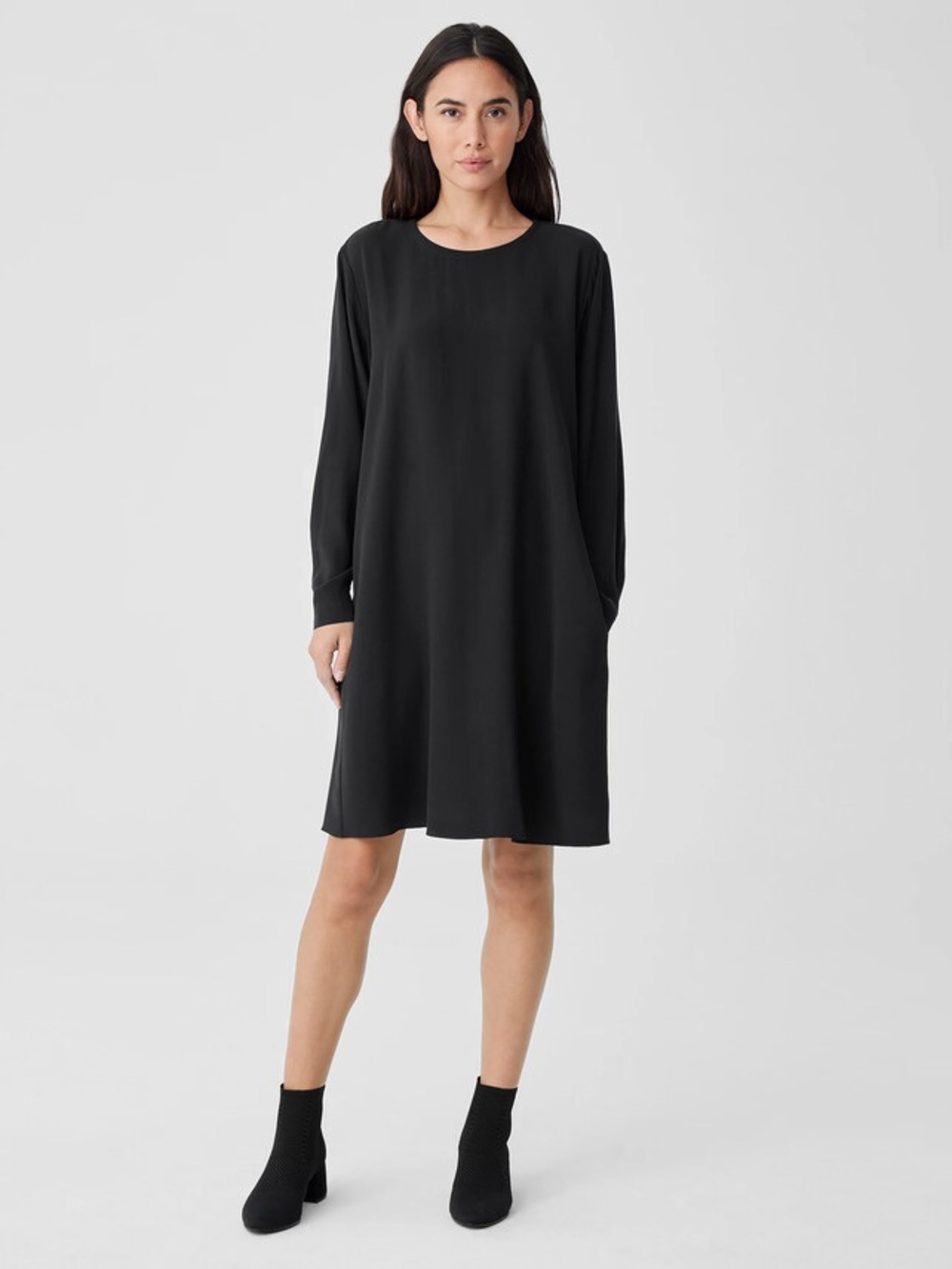 Eileen Fisher 100% Silk Long Sleeve Side Slit Long Sleeve Crew Neck Dress Size M